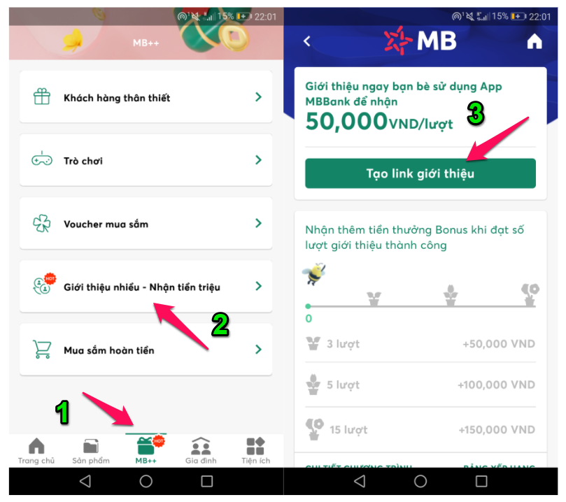 Tạo link giới thiệu gửi cho bạn bè nhận tiền qua app MB.